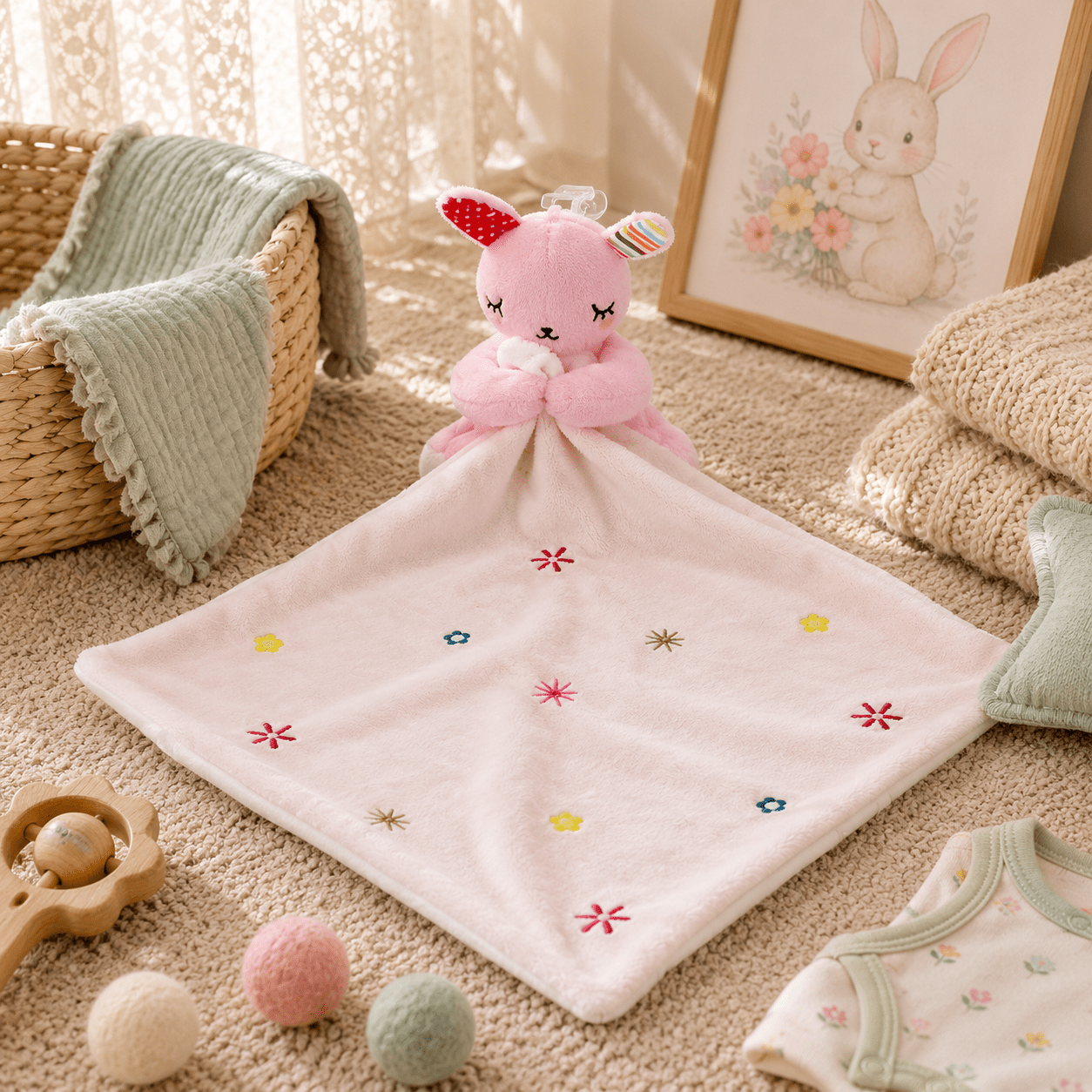 Pink plush toy with a white blanket transition object for babies